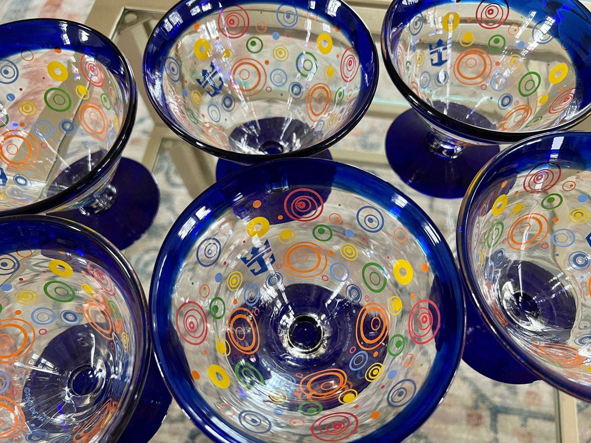 Retro martini glasses, set of 6, colorful circles with cobalt blue rim and foot, photo 6 of 10