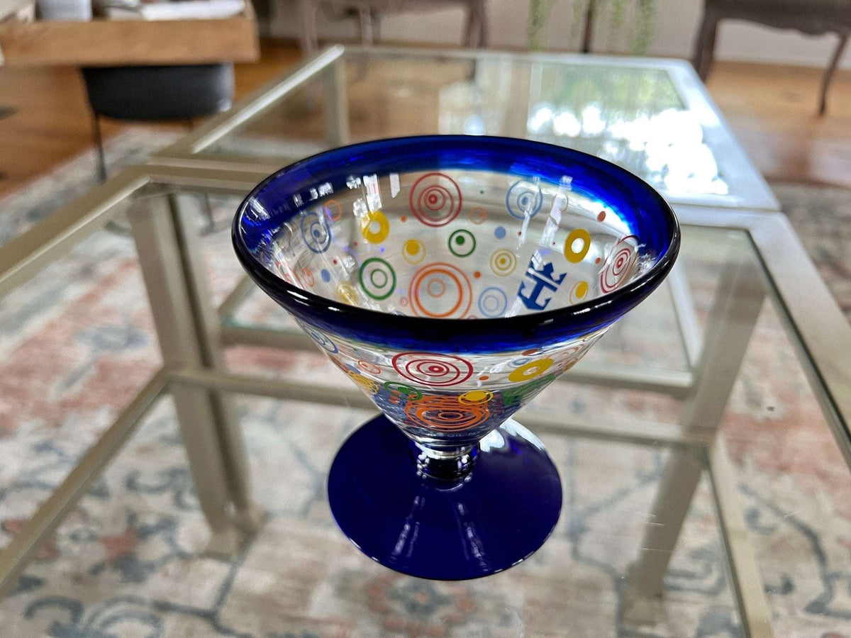 Retro martini glasses, set of 6, colorful circles with cobalt blue rim and foot, photo 7 of 10
