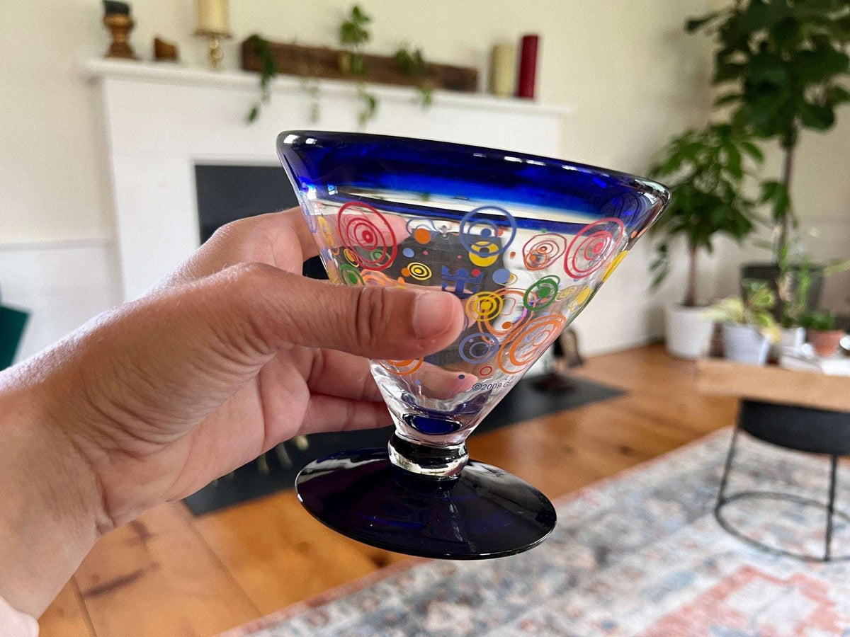Retro martini glasses, set of 6, colorful circles with cobalt blue rim and foot, photo 8 of 10