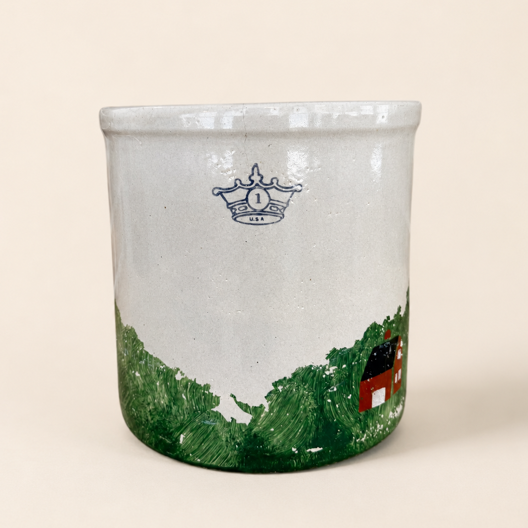 Robinson Ransbottom one gallon crock with crown mark and painted farm scene