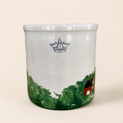 Robinson Ransbottom one gallon crock with crown mark and painted farm scene