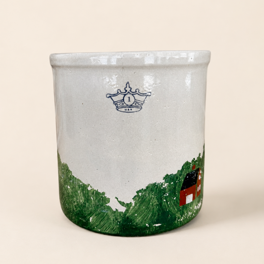 Robinson Ransbottom one gallon crock with crown mark and painted farm scene