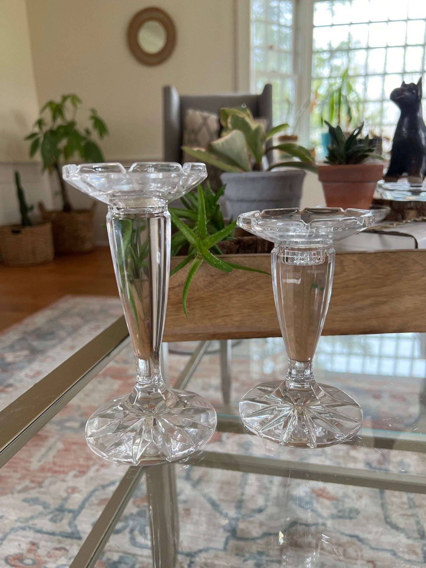 Royal Limited 24% Lead Crystal Candlesticks, Graduated Pair — Czech Republic, 5.25" and 6.25" - Loom Vintage