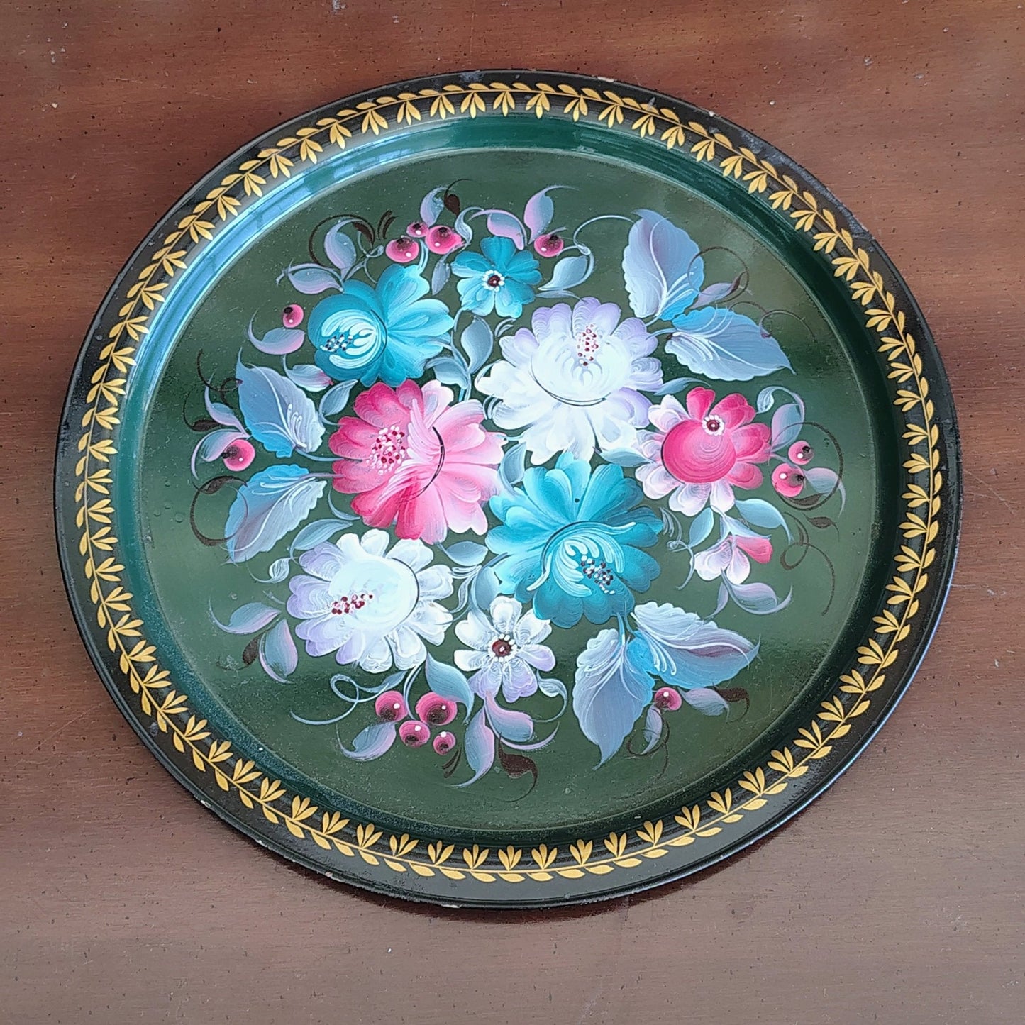 Russian Tole Tray, Hand - Painted Cabbage Roses — Signed "OTH No. 8," Soviet Era - Loom Vintage