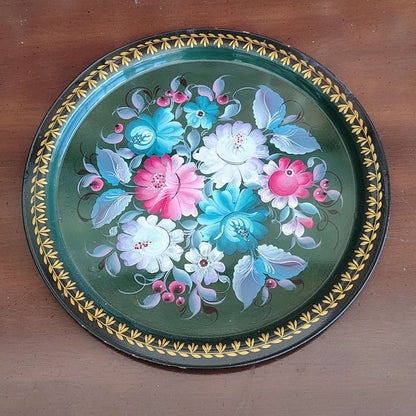 Russian Tole Tray, Hand - Painted Cabbage Roses — Signed "OTH No. 8," Soviet Era - Loom Vintage