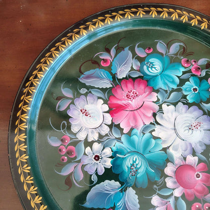 Russian Tole Tray, Hand - Painted Cabbage Roses — Signed "OTH No. 8," Soviet Era - Loom Vintage