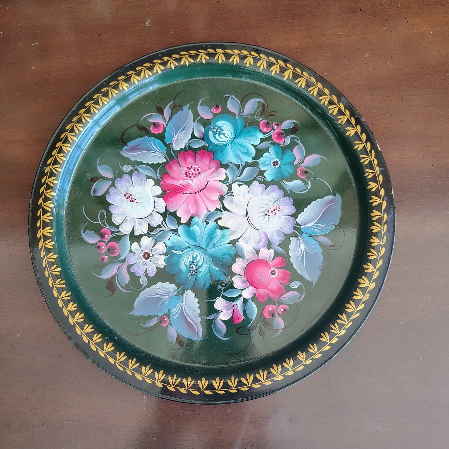 Russian Tole Tray, Hand - Painted Cabbage Roses — Signed "OTH No. 8," Soviet Era - Loom Vintage