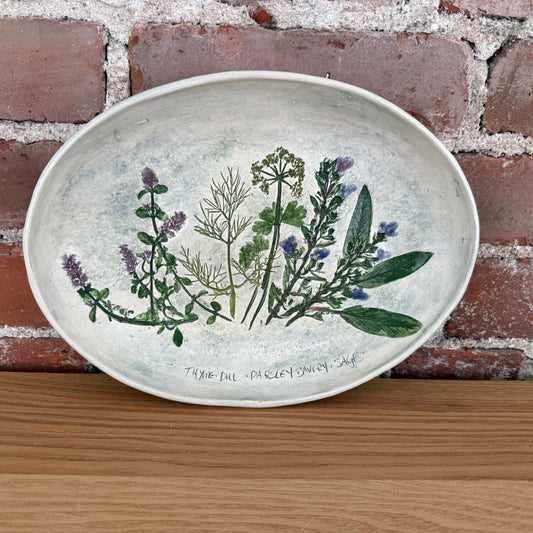 Salt Marsh Pottery hand-painted botanical herb platter, oval ceramic dish