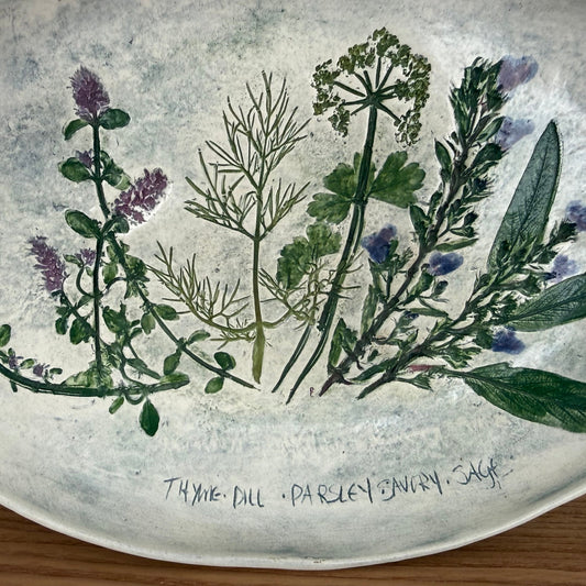 Salt Marsh Pottery Herb Platter Hand Painted Botanical Oval Dish - Loom Vintage