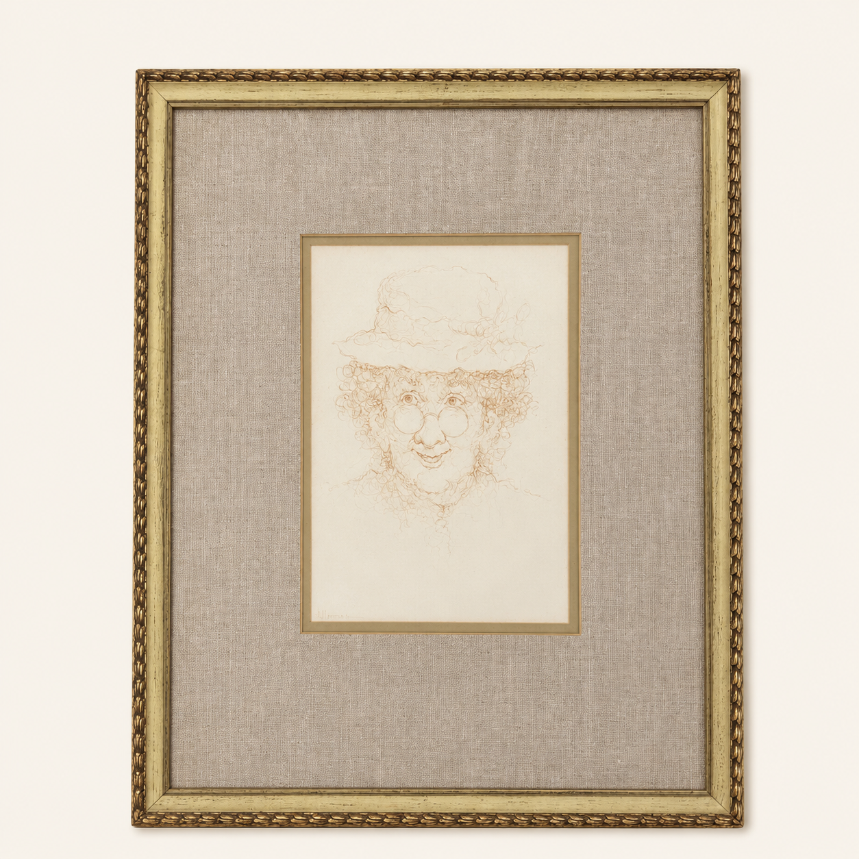 Signed Sanguine Portrait Drawing — Woman in a Flowered Hat, A. Norman, Original