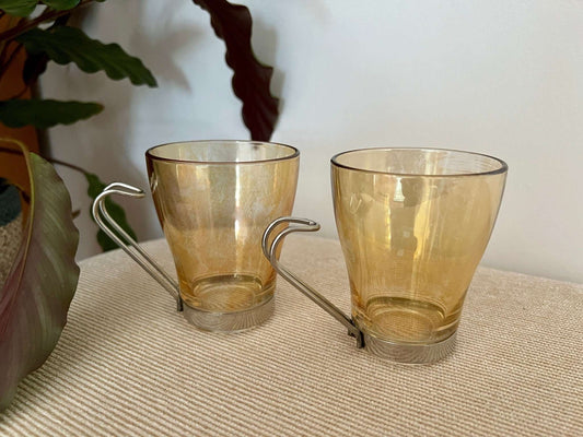 Set of 2 Italy Amber Glass Mugs / Coffee Cups with metal Handles - Loom Vintage