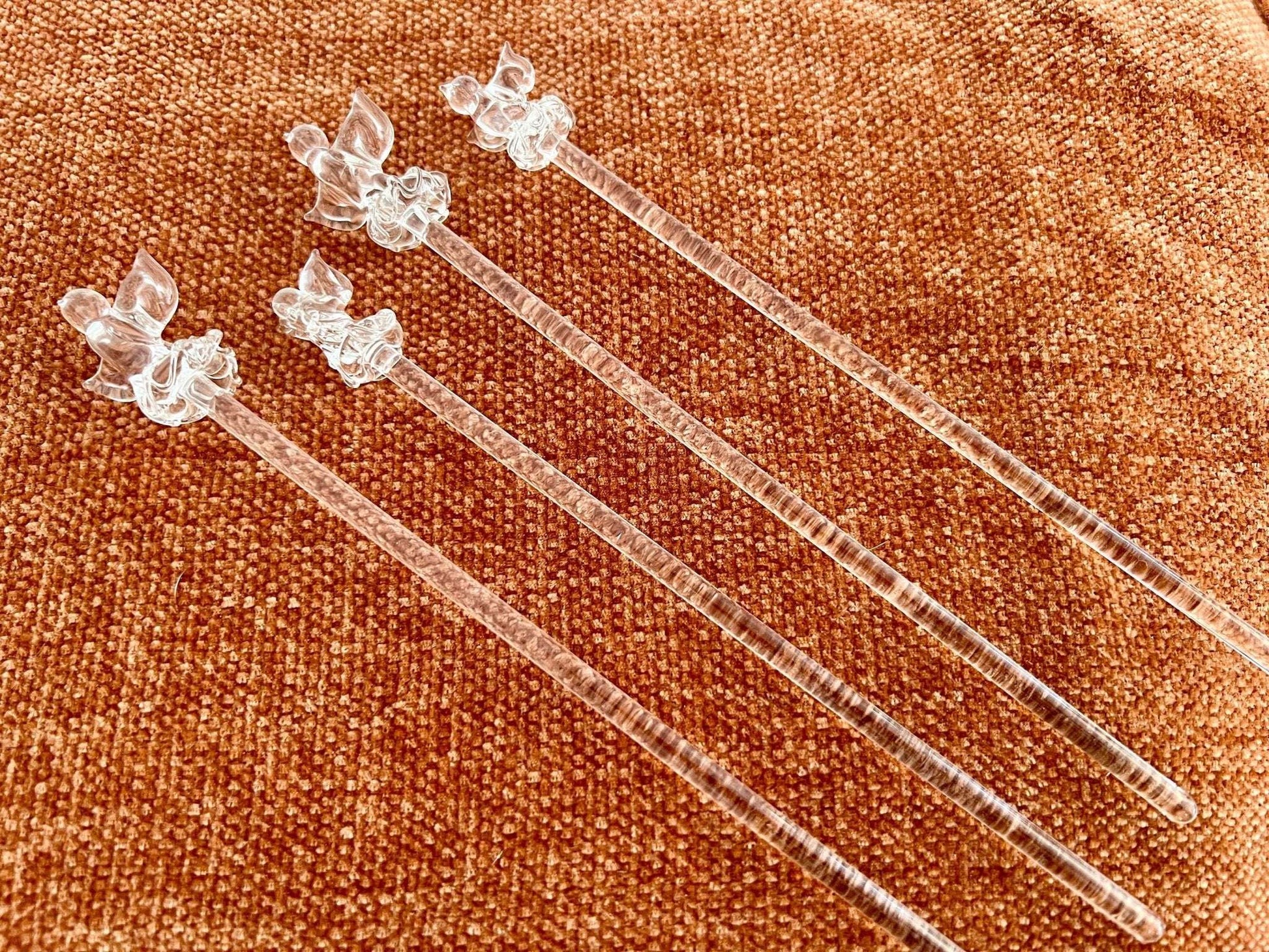 Set of 4 Vintage Hand Blown Animal, Bird, Swizzle Sticks, Glass Drink Stirrers, Clear Gass Beverage Mixers - Loom Vintage