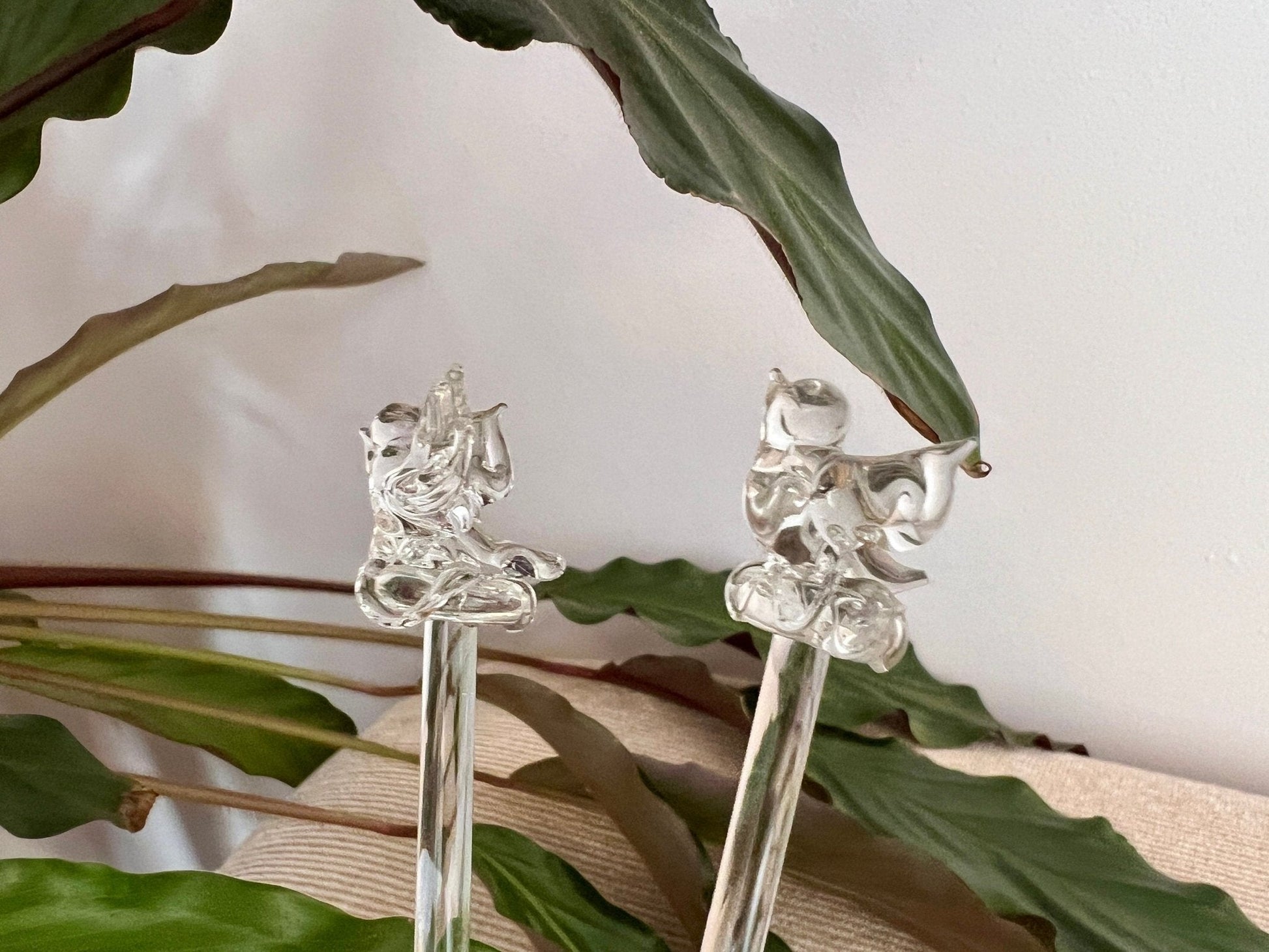 Set of 4 Vintage Hand Blown Animal, Bird, Swizzle Sticks, Glass Drink Stirrers, Clear Gass Beverage Mixers - Loom Vintage