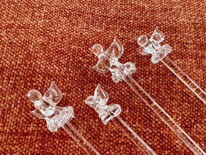 Set of 4 Vintage Hand Blown Animal, Bird, Swizzle Sticks, Glass Drink Stirrers, Clear Gass Beverage Mixers - Loom Vintage
