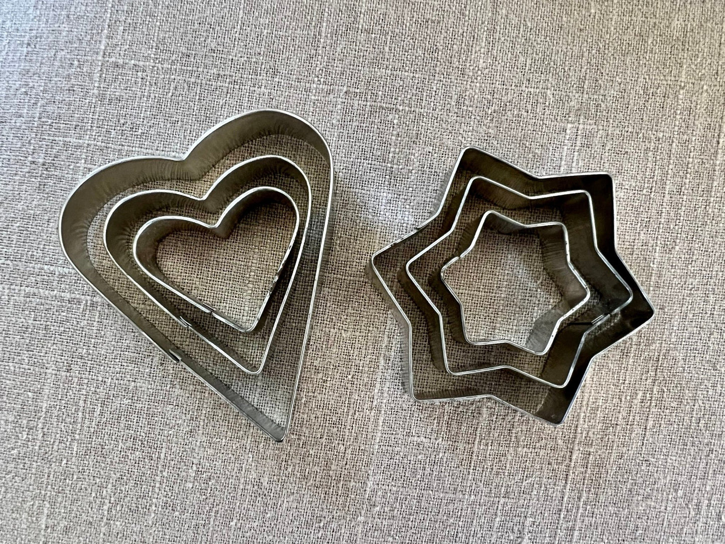 Set of 6 Vintage Aluminum Cookie Cutters - 3 Heart and 3 Hexagram Star - Loom Vintage