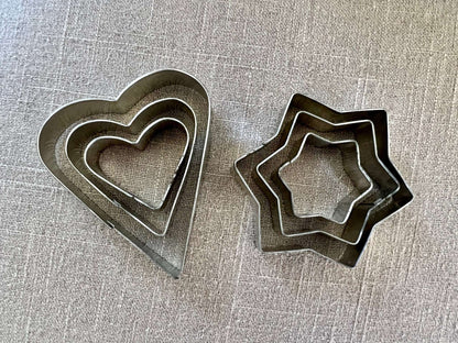 Set of 6 Vintage Aluminum Cookie Cutters - 3 Heart and 3 Hexagram Star - Loom Vintage