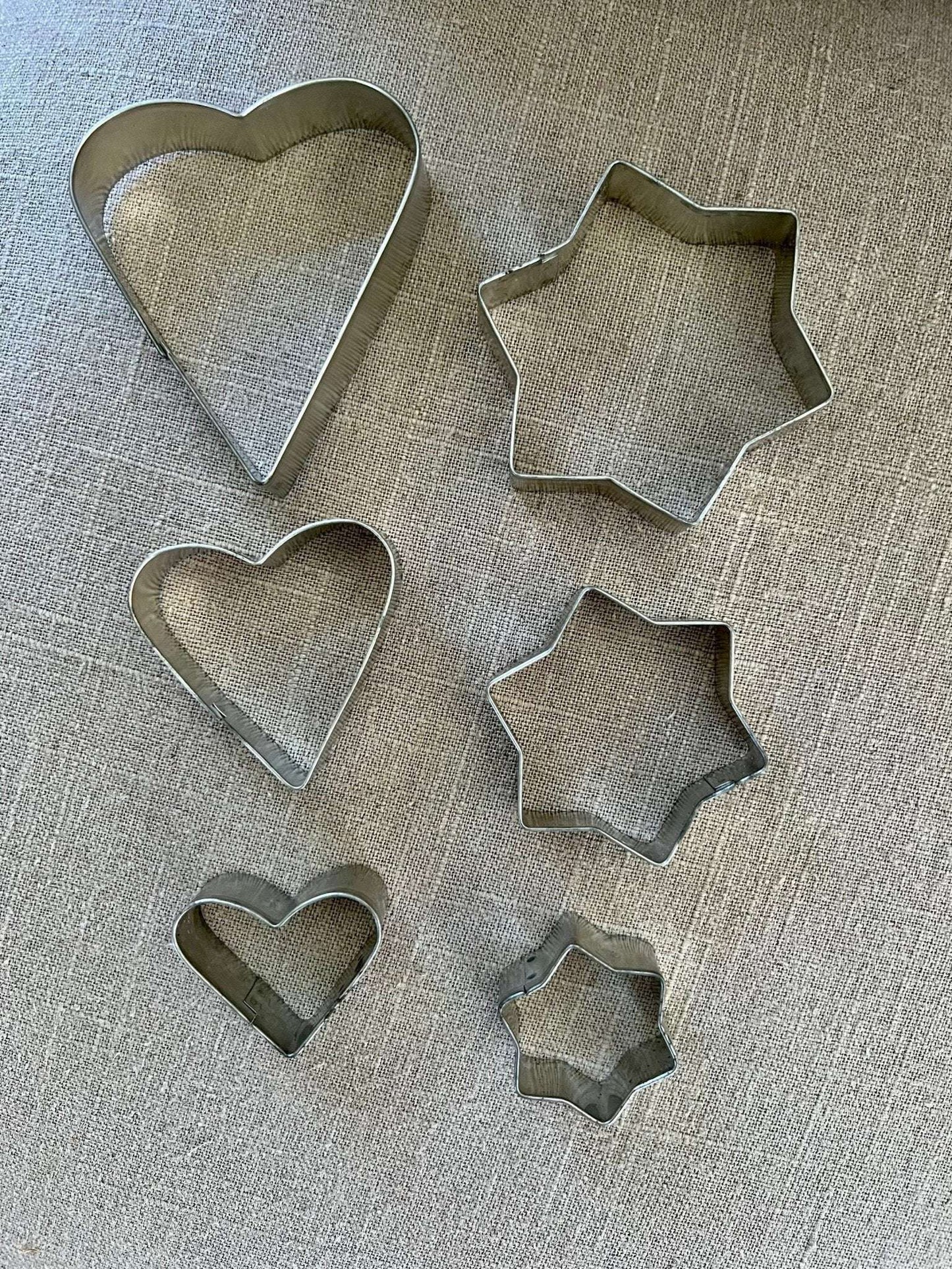 Set of 6 Vintage Aluminum Cookie Cutters - 3 Heart and 3 Hexagram Star - Loom Vintage