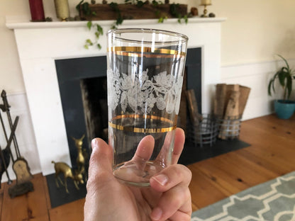 Set of Four Vintage Gold Rimmed Crystal Drink Glasses, Raised Frosted Fruit Design Ornate Juice Glasses, Classic Barware, Water - Loom Vintage
