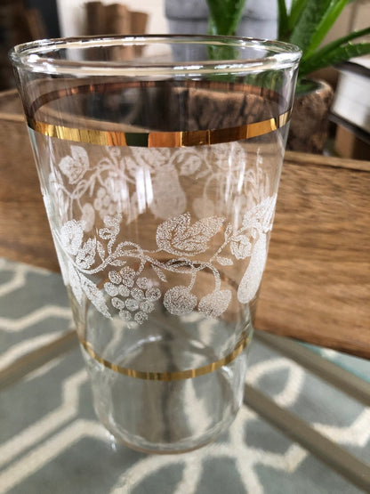 Set of Four Vintage Gold Rimmed Crystal Drink Glasses, Raised Frosted Fruit Design Ornate Juice Glasses, Classic Barware, Water - Loom Vintage