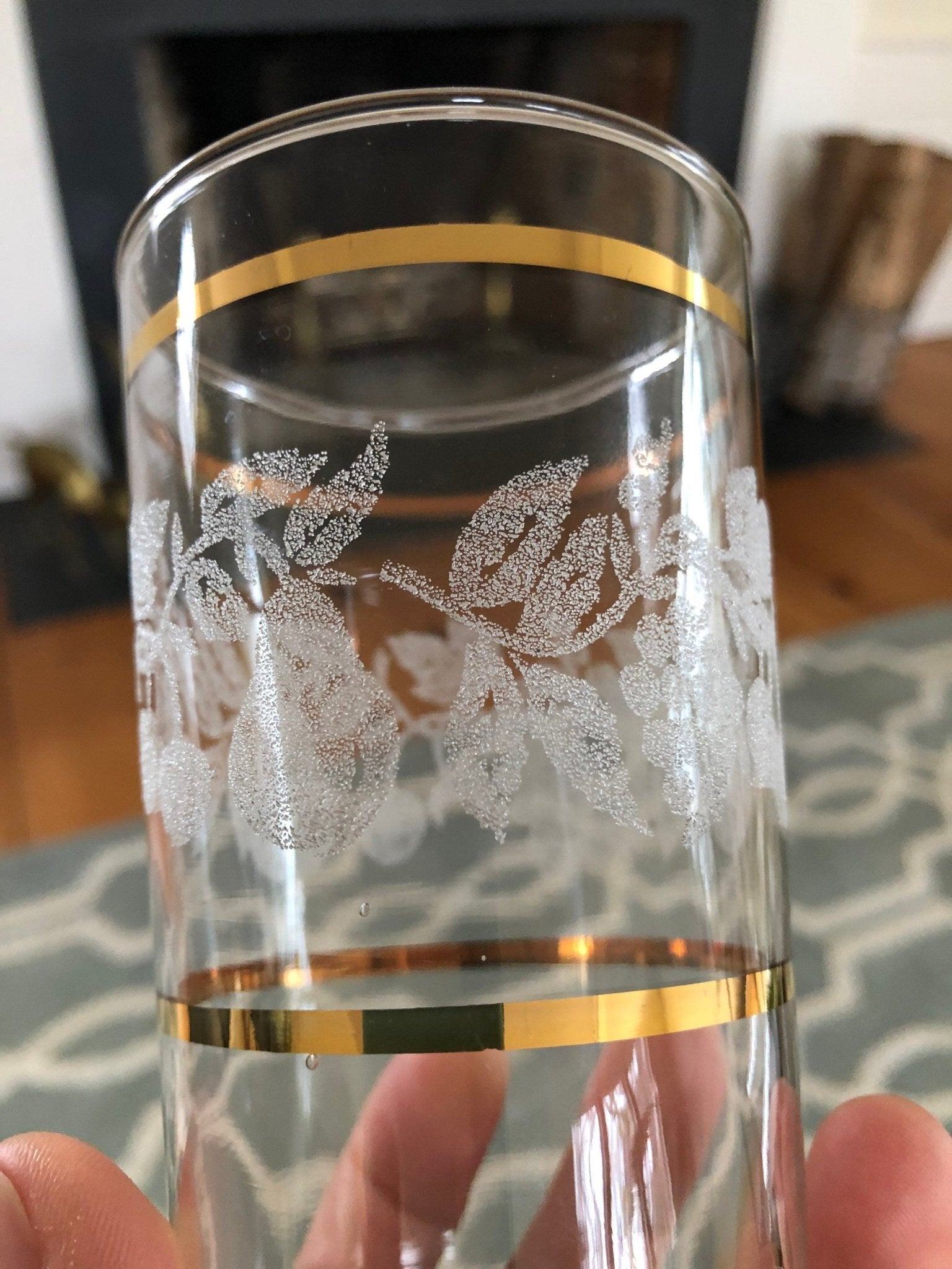 Set of Four Vintage Gold Rimmed Crystal Drink Glasses, Raised Frosted Fruit Design Ornate Juice Glasses, Classic Barware, Water - Loom Vintage