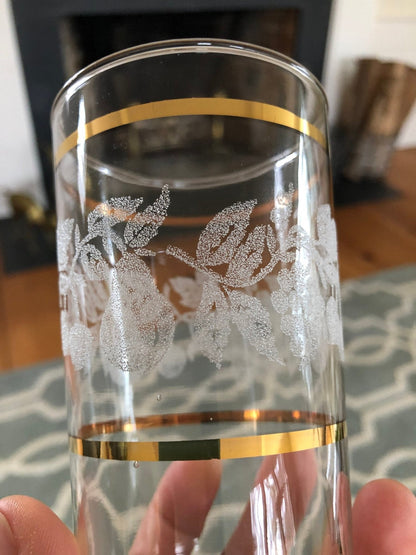 Set of Four Vintage Gold Rimmed Crystal Drink Glasses, Raised Frosted Fruit Design Ornate Juice Glasses, Classic Barware, Water - Loom Vintage