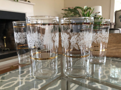 Set of Four Vintage Gold Rimmed Crystal Drink Glasses, Raised Frosted Fruit Design Ornate Juice Glasses, Classic Barware, Water - Loom Vintage
