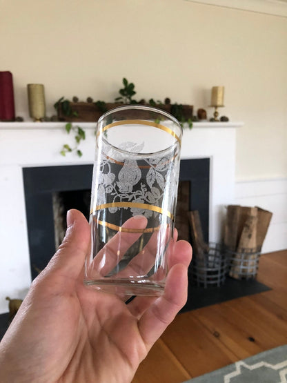 Set of Four Vintage Gold Rimmed Crystal Drink Glasses, Raised Frosted Fruit Design Ornate Juice Glasses, Classic Barware, Water - Loom Vintage