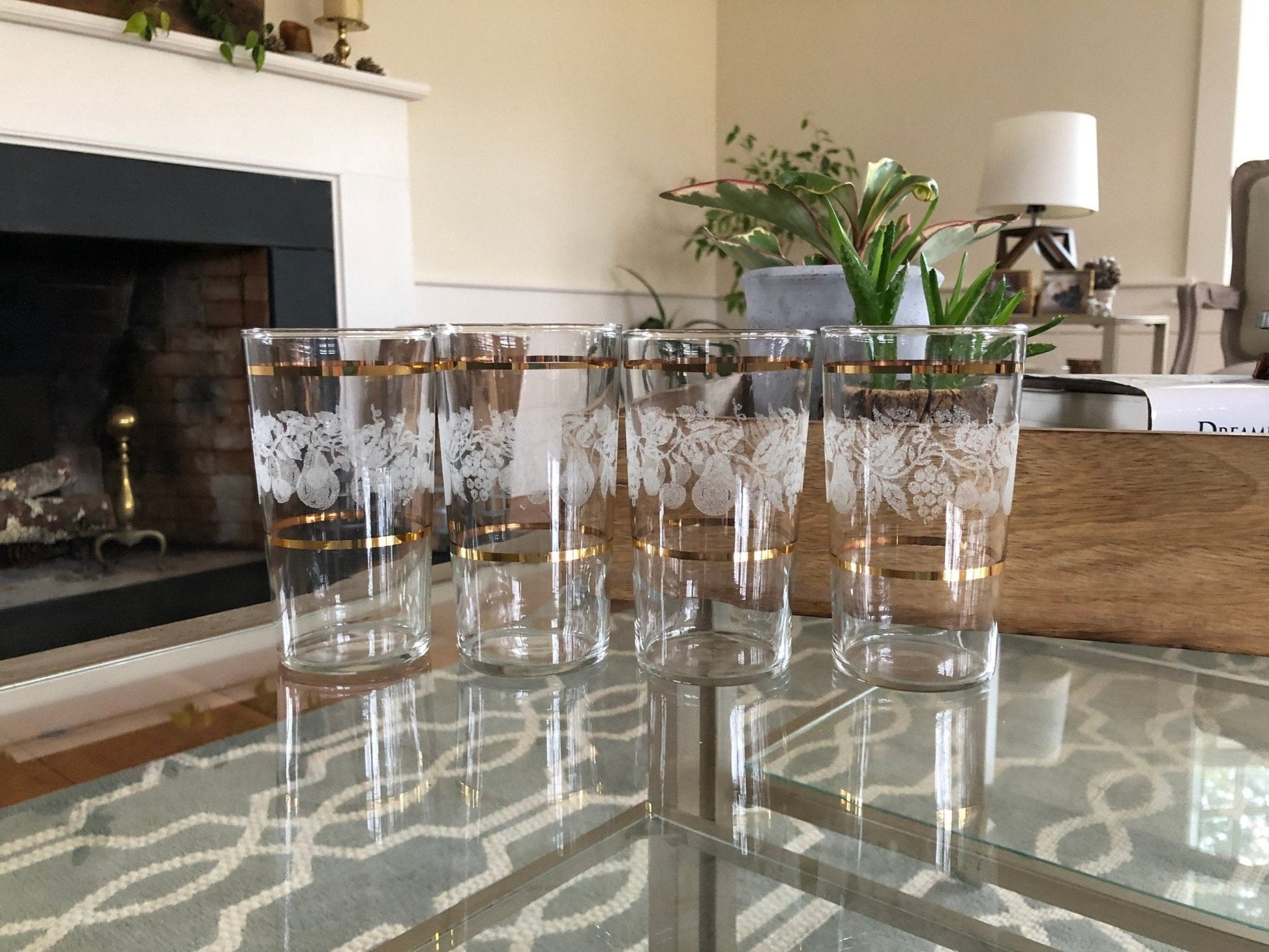Set of Four Vintage Gold Rimmed Crystal Drink Glasses, Raised Frosted Fruit Design Ornate Juice Glasses, Classic Barware, Water - Loom Vintage