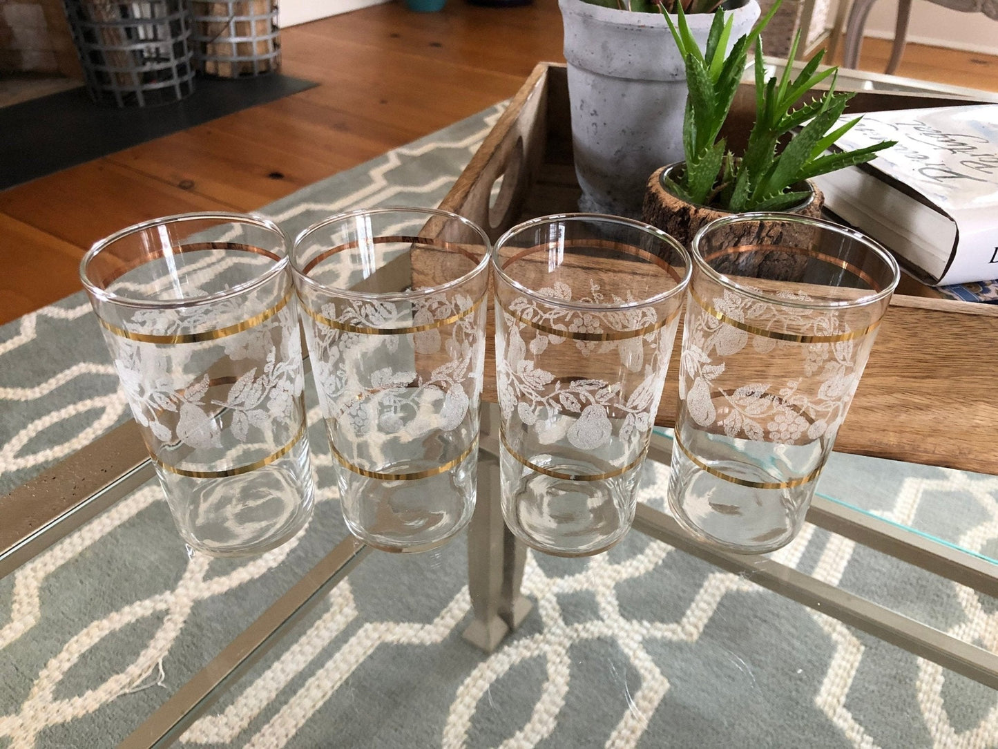 Set of Four Vintage Gold Rimmed Crystal Drink Glasses, Raised Frosted Fruit Design Ornate Juice Glasses, Classic Barware, Water - Loom Vintage