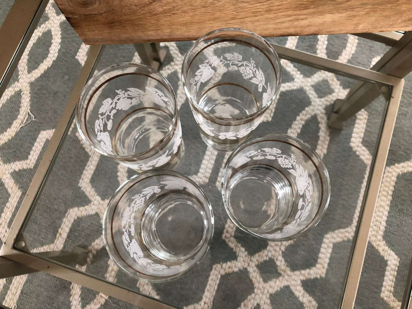 Set of Four Vintage Gold Rimmed Crystal Drink Glasses, Raised Frosted Fruit Design Ornate Juice Glasses, Classic Barware, Water - Loom Vintage