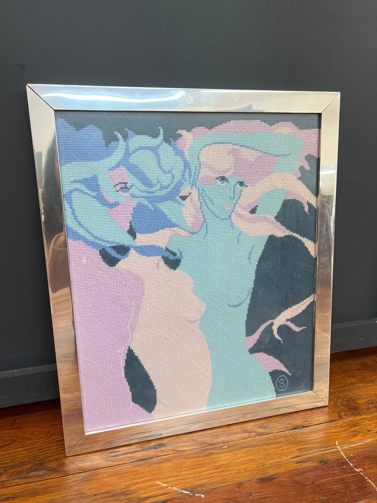 Signed 1970s Needlepoint — Three Female Figures, Framed in Chrome, 21″ × 25″ - Loom Vintage