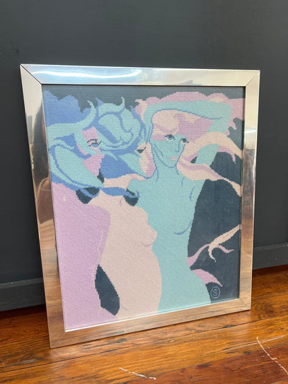 Signed 1970s Needlepoint — Three Female Figures, Framed in Chrome, 21″ × 25″ - Loom Vintage