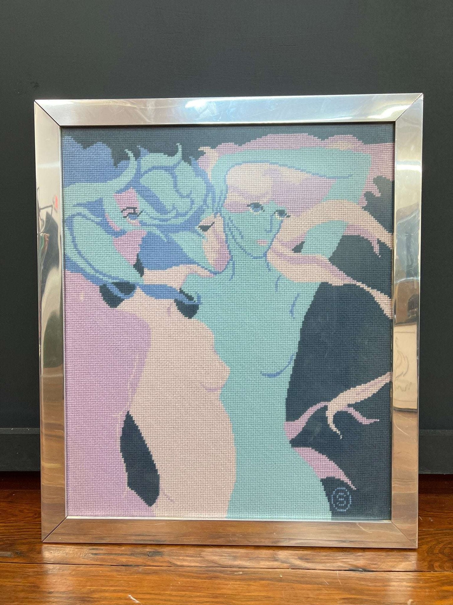 Signed 1970s Needlepoint — Three Female Figures, Framed in Chrome, 21″ × 25″ - Loom Vintage