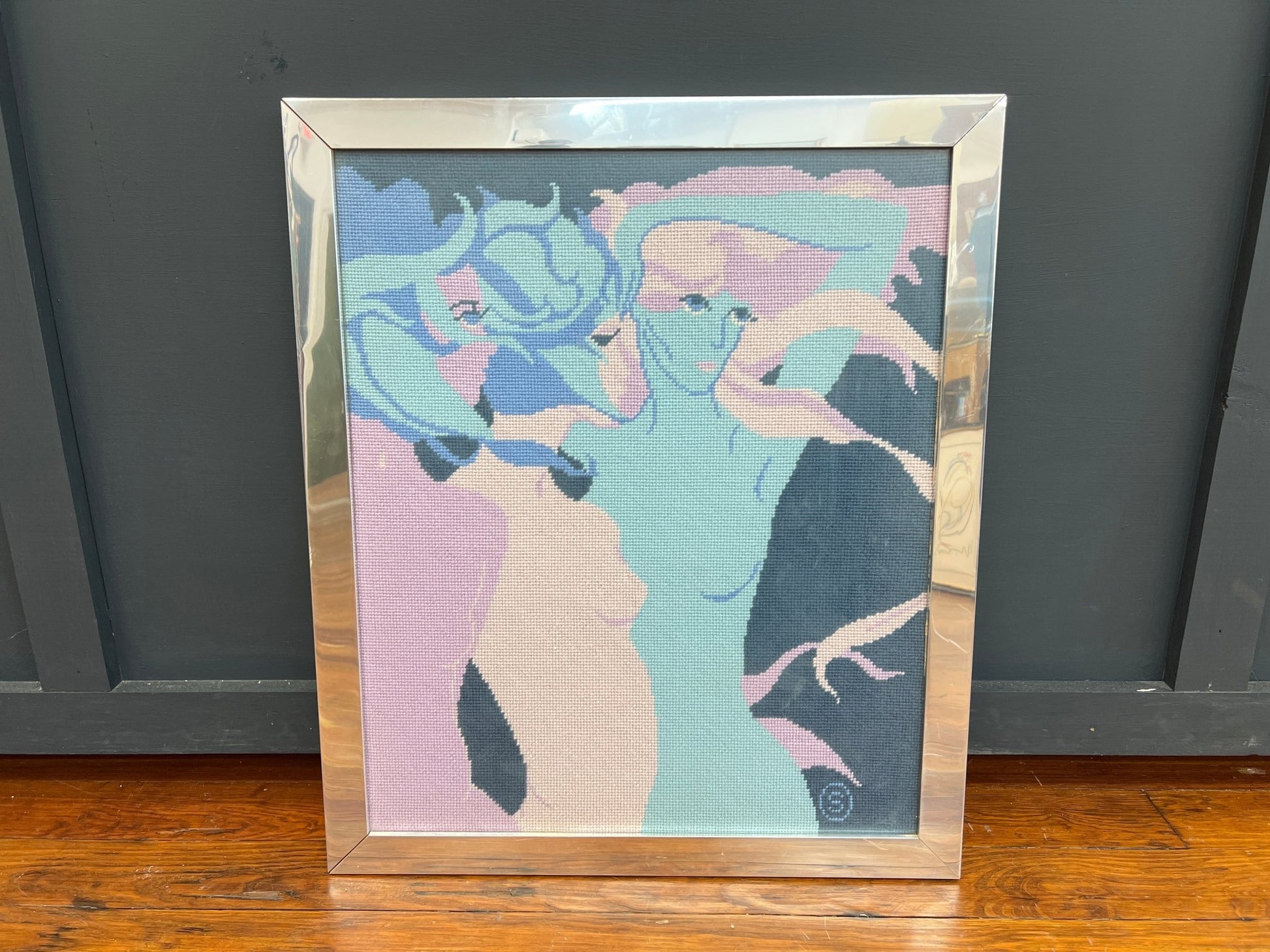Signed 1970s Needlepoint — Three Female Figures, Framed in Chrome, 21″ × 25″ - Loom Vintage