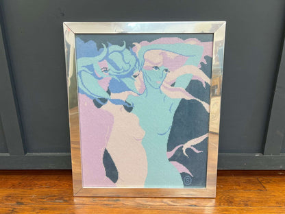 Signed 1970s Needlepoint — Three Female Figures, Framed in Chrome, 21″ × 25″ - Loom Vintage