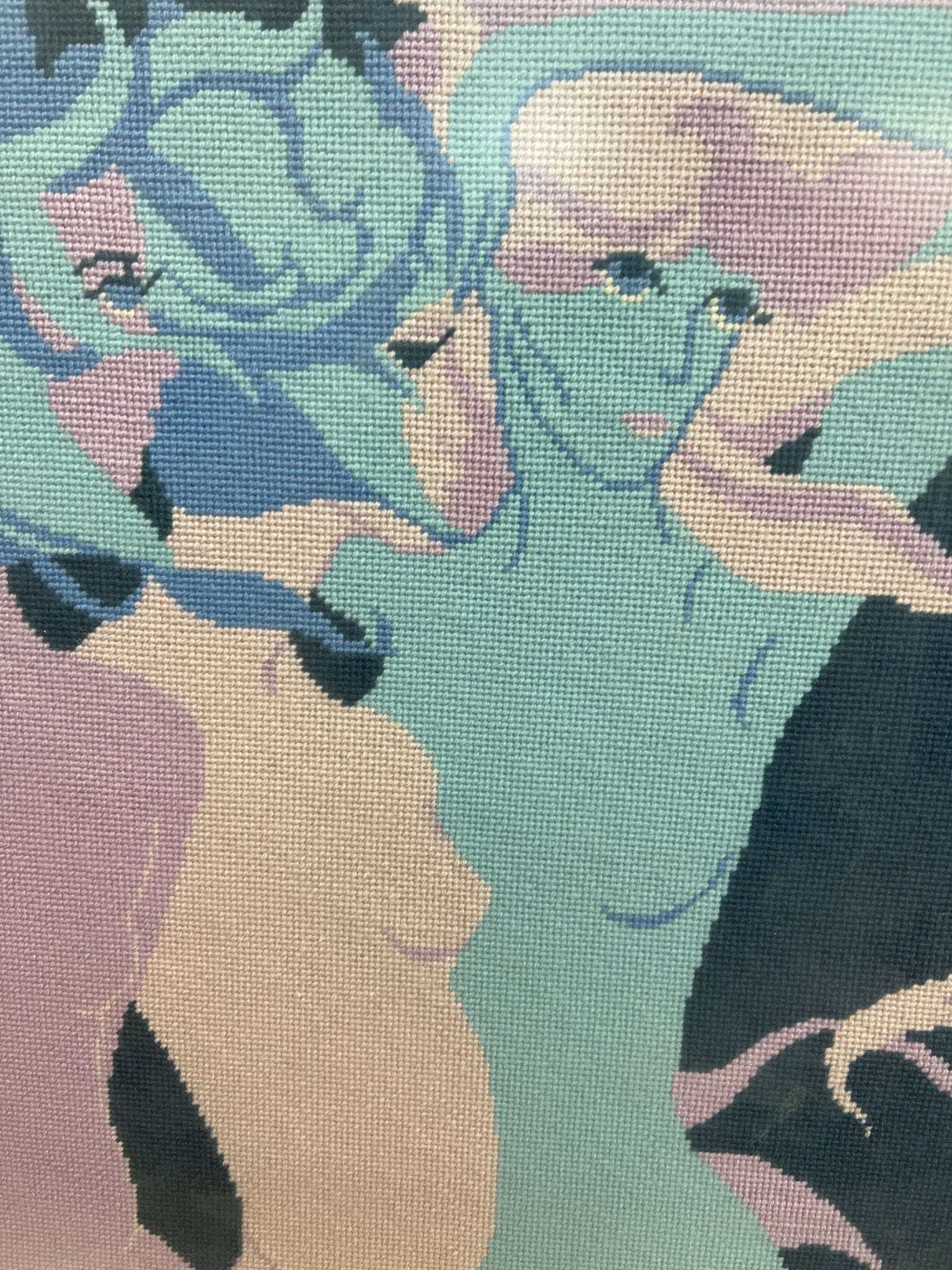 Signed 1970s Needlepoint — Three Female Figures, Framed in Chrome, 21″ × 25″ - Loom Vintage