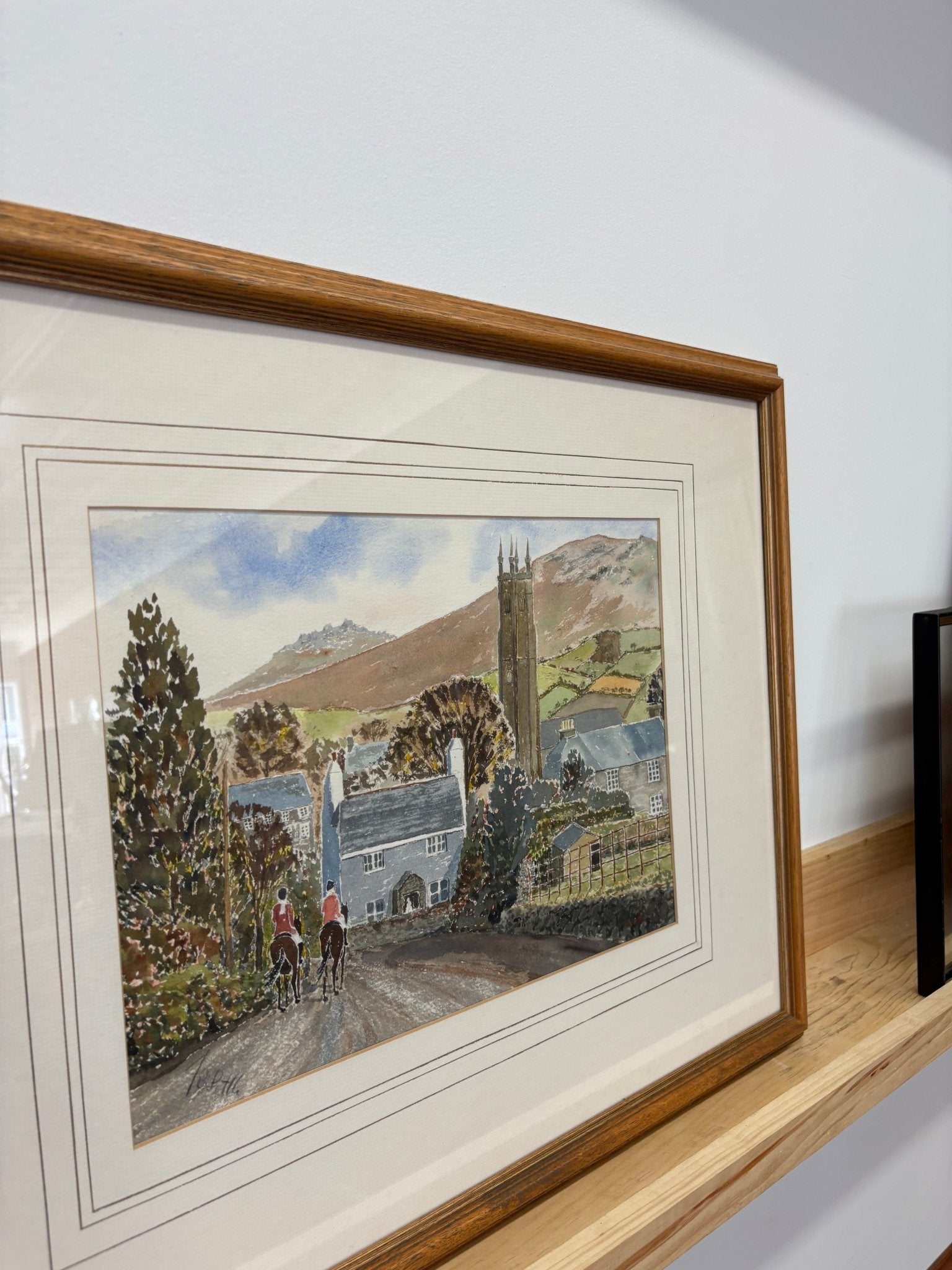 Signed English Countryside Watercolor — Riders on a Lane, Framed 26" × 20.5" - Loom Vintage