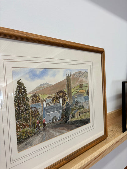 Signed English Countryside Watercolor — Riders on a Lane, Framed 26" × 20.5" - Loom Vintage
