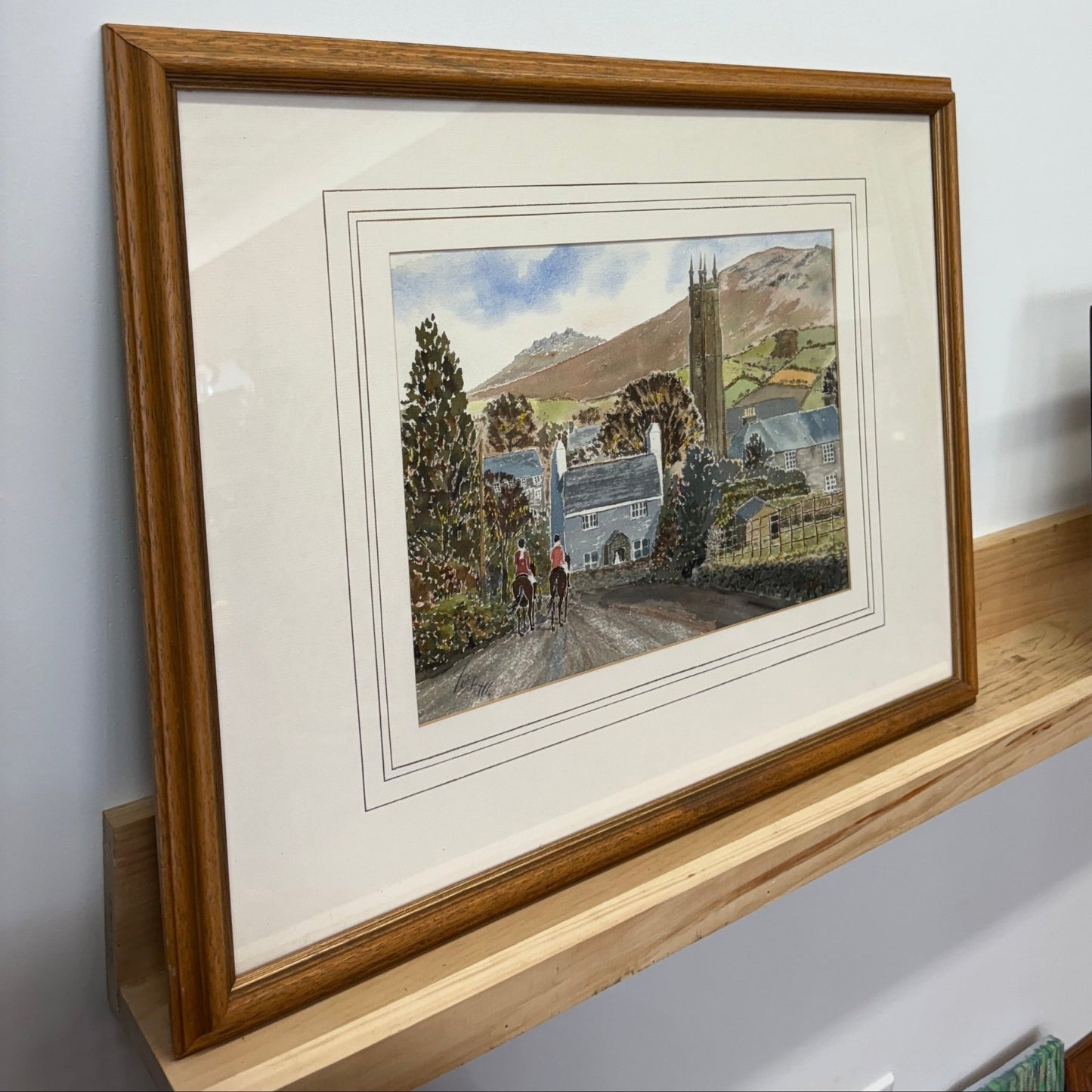 Signed English Countryside Watercolor — Riders on a Lane, Framed 26" × 20.5" - Loom Vintage
