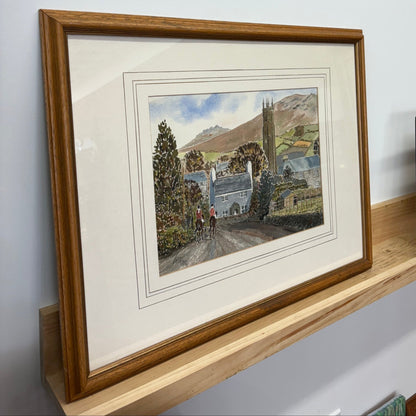 Signed English Countryside Watercolor — Riders on a Lane, Framed 26" × 20.5" - Loom Vintage
