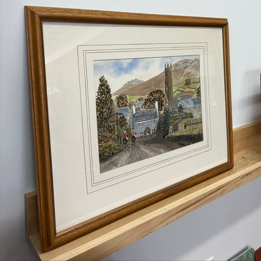 Signed English Countryside Watercolor — Riders on a Lane, Framed 26" × 20.5" - Loom Vintage
