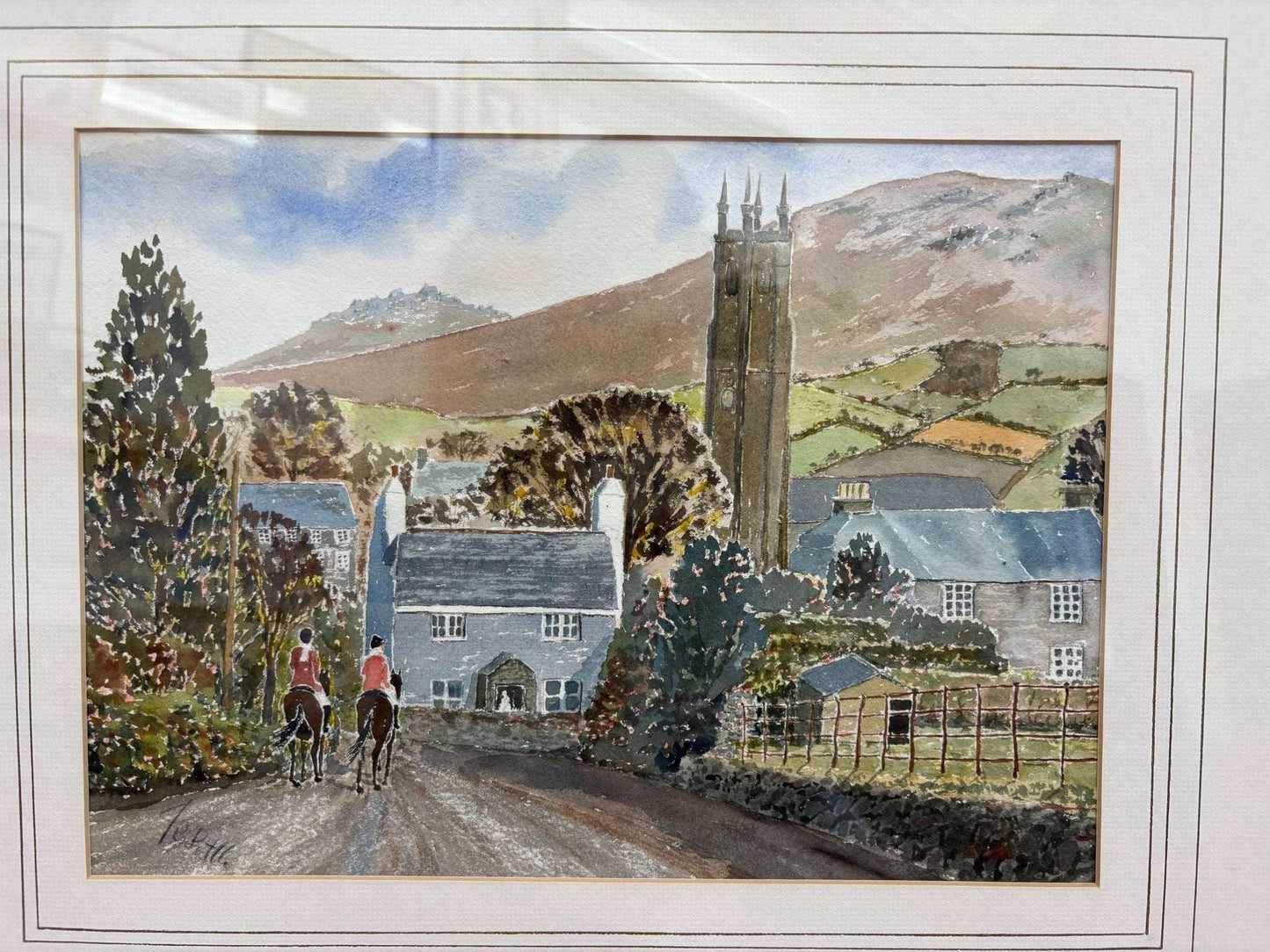 Signed English Countryside Watercolor — Riders on a Lane, Framed 26" × 20.5" - Loom Vintage