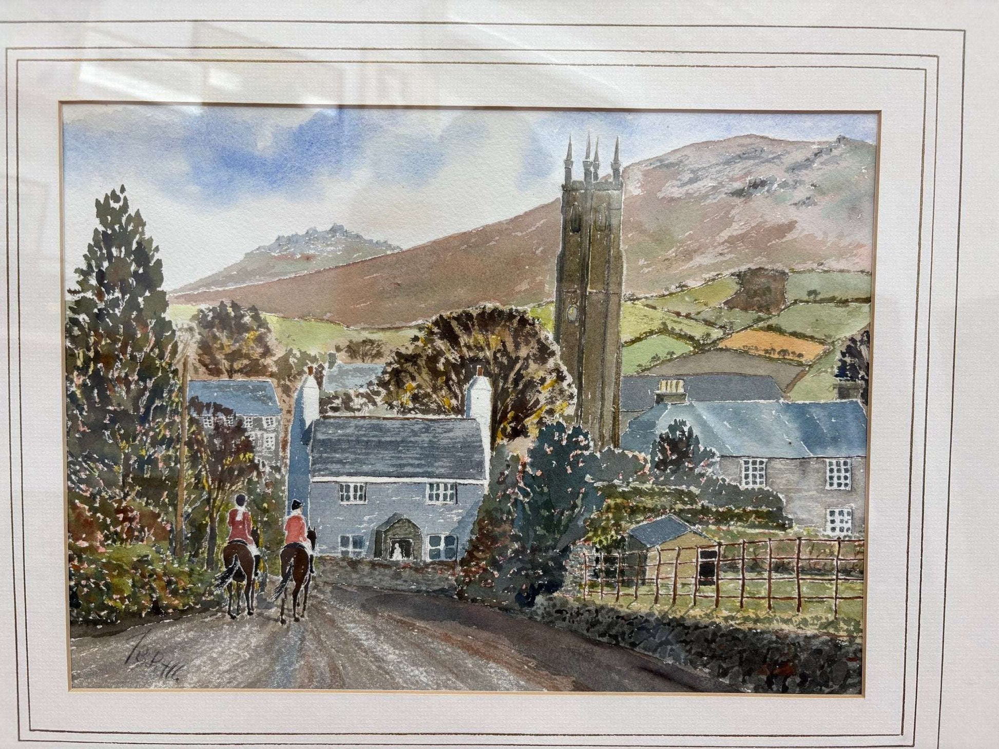 Signed English Countryside Watercolor — Riders on a Lane, Framed 26" × 20.5" - Loom Vintage