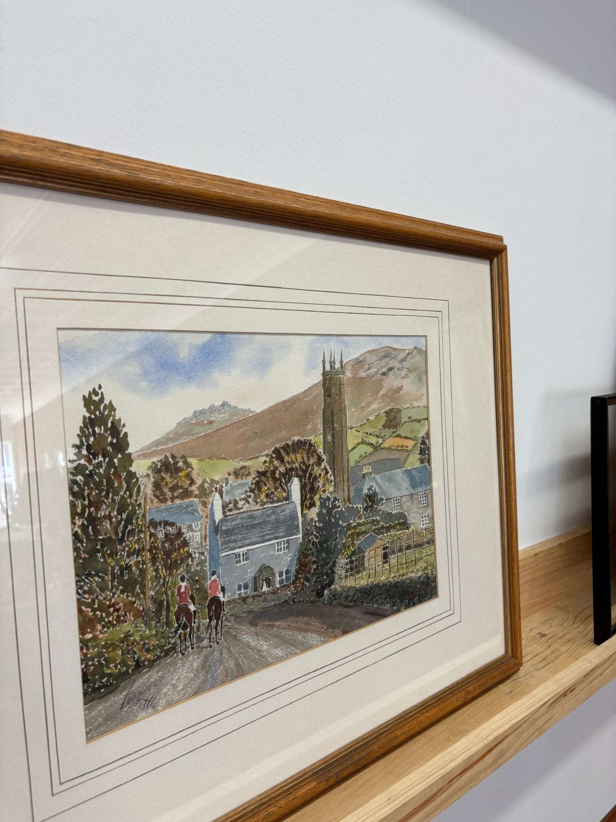 Signed original English watercolor of hunt riders on a village lane, framed, photo 4 of 5
