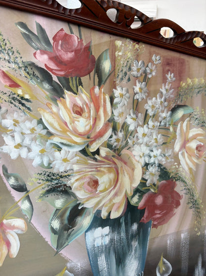 Signed Floral Still-Life Painting — Acrylic on Board, Hand-Carved Scalloped Frame, 37"W - Loom Vintage