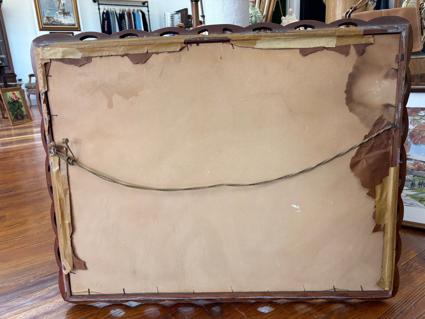 Signed Floral Still-Life Painting — Acrylic on Board, Hand-Carved Scalloped Frame, 37"W - Loom Vintage