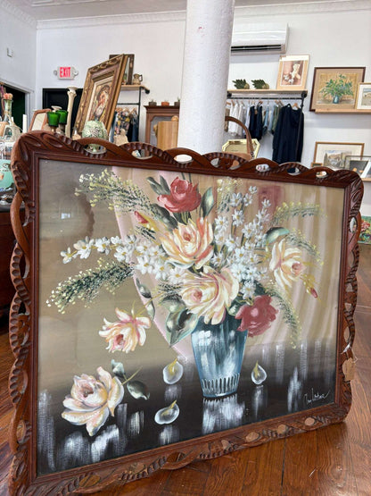 Signed Floral Still-Life Painting — Acrylic on Board, Hand-Carved Scalloped Frame, 37"W - Loom Vintage