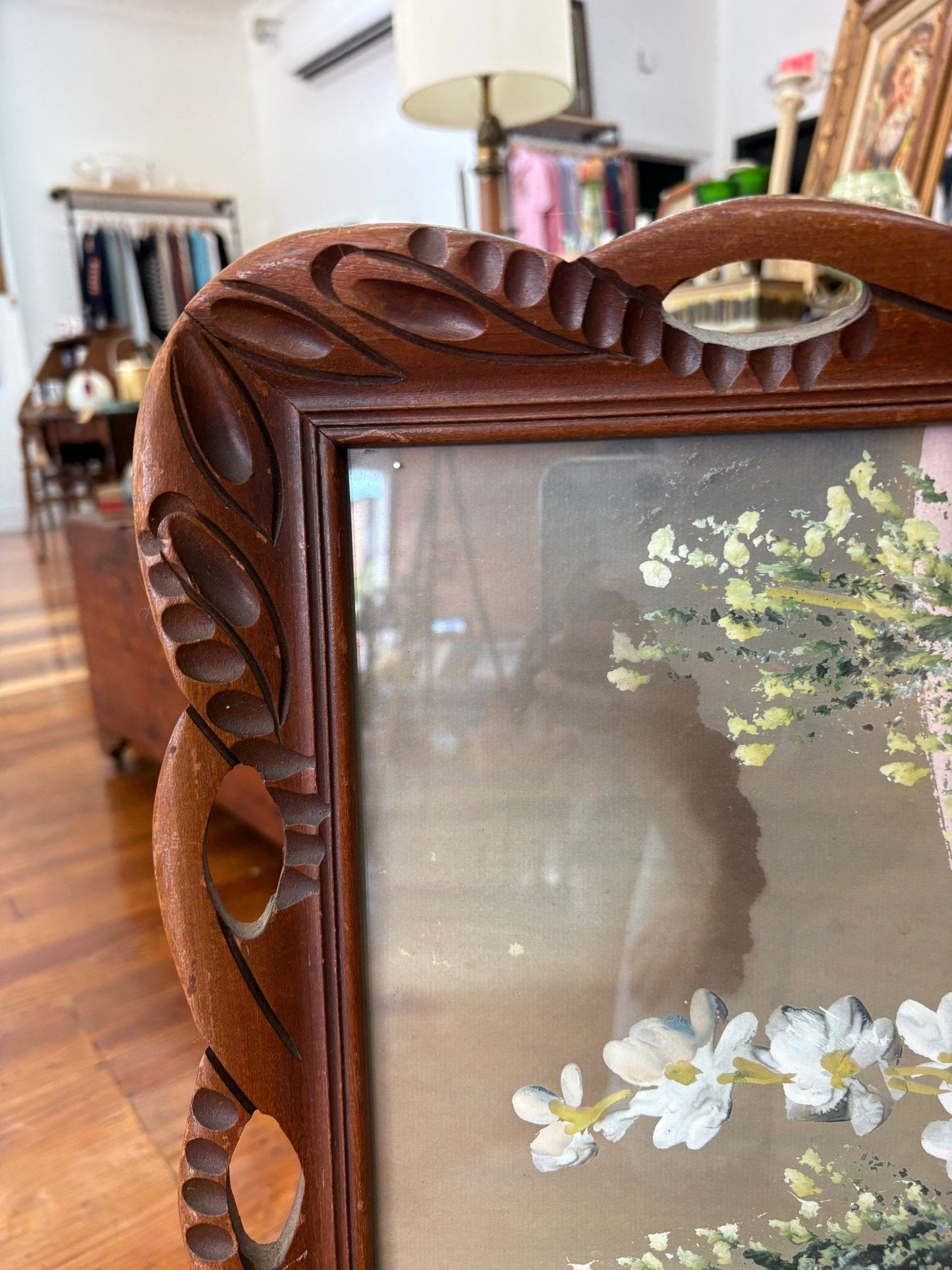 Signed Floral Still-Life Painting — Acrylic on Board, Hand-Carved Scalloped Frame, 37"W - Loom Vintage