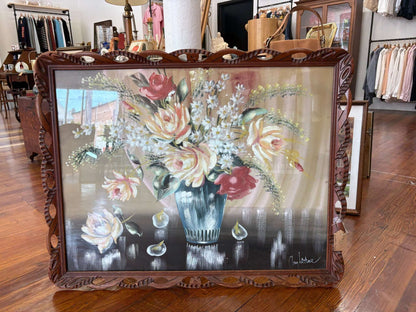 Signed Floral Still-Life Painting — Acrylic on Board, Hand-Carved Scalloped Frame, 37"W - Loom Vintage