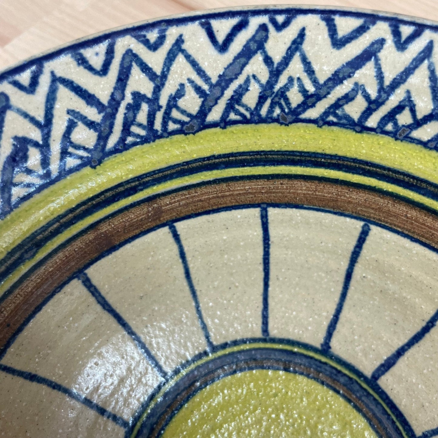 Signed Studio Pottery Bowl — Hand-Painted Geometric Glaze, Blue & Olive, 9"W, Mid-Century - Loom Vintage